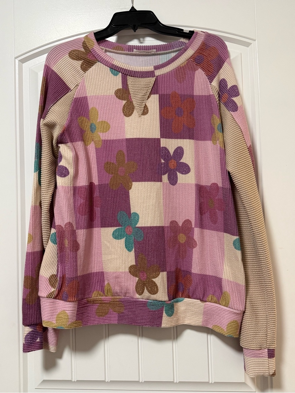 NWOT Bom Bom Ribbed Checkered Floral Long Sleeve Shirt